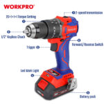 Aku. kompaktna udarna bušilica bez četkica (set), 20V (Li-Ion) – WORKPRO WP390019 - Slika 6