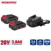 Set – punjač baterija (2,4A) sa dve baterije 20V (2.0Ah) – WORKPRO WP398005